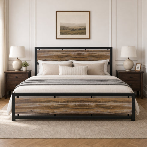 TTGIEET California King Size Metal Platform Bed Frame with Wooden Headboard and Footboard, No Box Spring Needed, Large Under Bed Storage(Light Brown)