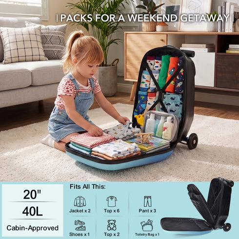 TTGIEET Kids Scooter Luggage, 20 Inch Foldable Ride-On Suitcase with LED Wheels, 40L Capacity, Adjustable Handlebar