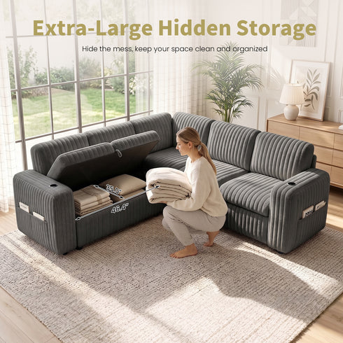 TTGIEET 5-Seater L-Shaped Reversible Sectional Sleeper Sofa, Pull-Out Sofa Bed with Storage & Cup Holders & Adjustable Backrest, Corduroy Couch for Living Room