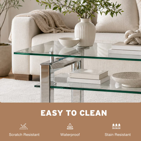 TTGIEET Mirrored Glass Coffee Table, Modern 2-Tier Tempered Glass End Table with Sturdy Metal Legs, Rectangle Silver Tea Table for Living Room, Office, Home