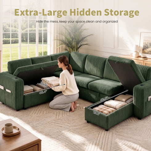 TTGIEET 7-Seater U-Shaped Sectional Sleeper Sofa, Reversible Pull-Out Sofa Bed with Storage & Cup Holders, Corduroy Couch for Living Room