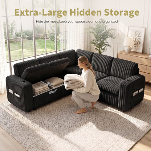 TTGIEET 5-Seater L-Shaped Reversible Sectional Sleeper Sofa, Pull-Out Sofa Bed with Storage & Cup Holders & Adjustable Backrest, Corduroy Couch for Living Room