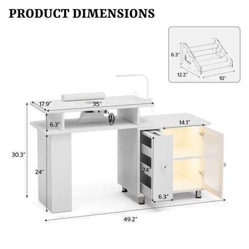 TTGIEET Manicure Table w/LED Light & Lamp, Nail Desk Nail Tech Table w/Dust Collector & Charging Station, Nail Station w/Acrylic Display Rack, Drawers & Glass Door Cabinet