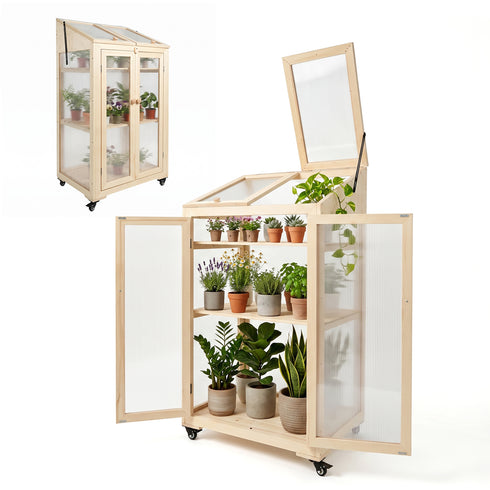 TTGIEET TTGIEET Wooden Cold Frame Greenhouse with Wheels 3‑Tier Flower Planter Shelf, Dual Independently Openable Flip‑Top Lid for Balcony Patio Indoor Outdoor