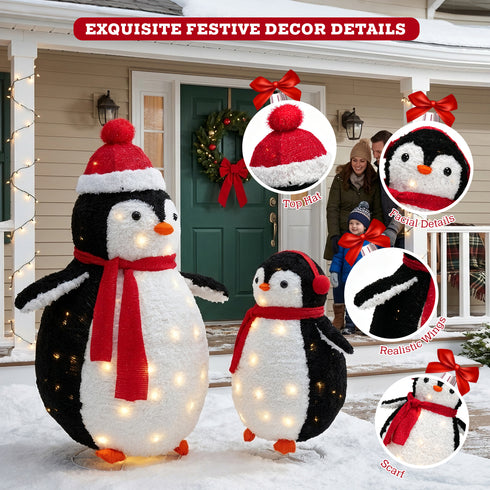 TTGIEET 2 - Piece Fluffy Lighted Penguin Family, 3ft & 2ft Pop - Up Outdoor Christmas Holiday Decoration with 150 LED Lights for Yard Garden