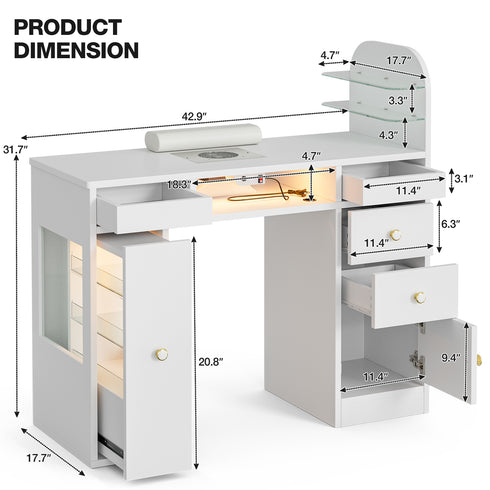 TTGIEET Nail Desk for Nail Tech with Lockable Wheels, Rolling Manicure Table w/LED Light Display Cabinet , Storage Drawers, Wrist Cushion for Beauty Salon, Spa & Home
