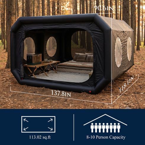 TTGIEET 8-10 Person Inflatable Camping Tent with Pump, 420D Waterproof Oxford Fabric, 2 Doors & 4 Mesh Windows, Heavy-Duty Black Air Beam Family Tent with Pegs & Ropes
