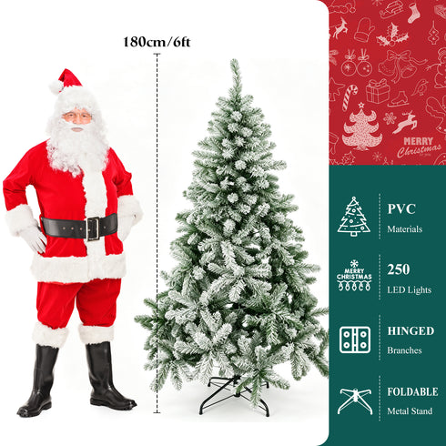 TTGIEET 6FT Pre-Lit Flocked Hinged Christmas Tree with 250 Warm Lights