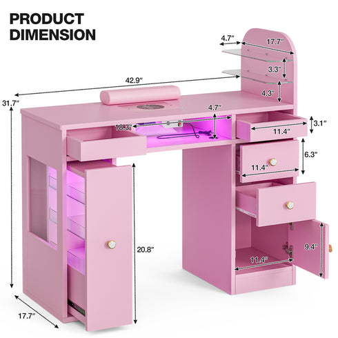 TTGIEET Nail Desk for Nail Tech with Lockable Wheels, Rolling Manicure Table w/LED Light Display Cabinet , Storage Drawers, Wrist Cushion for Beauty Salon, Spa & Home