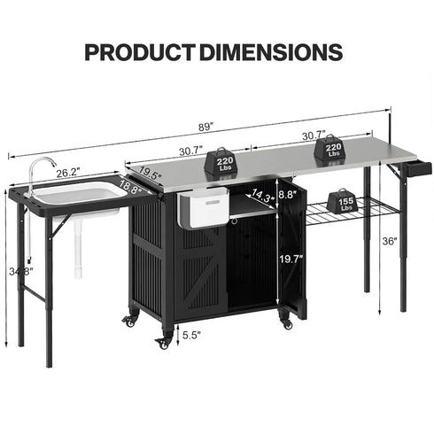 TTGIEET Outdoor Grill Cart with Storage Cabinet, Portable BBQ Prep Station Table with Foldable Sink, Stainless Steel Top, Black, Includes Waterproof Cover & Wheels