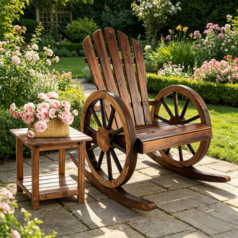 TTGIEET Patio Wood Rocking Chair with Side Table, Outdoor Rocker Bistro Set with Slatted Back and Wheel Armrests for Porch,Garden, Rustic Brown