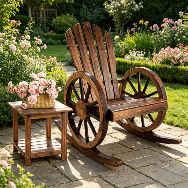 TTGIEET Patio Wood Rocking Chair with Side Table, Outdoor Rocker Bistro Set with Slatted Back and Wheel Armrests for Porch,Garden, Rustic Brown