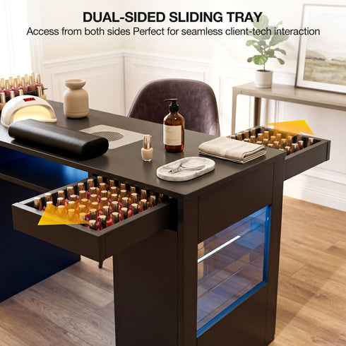 TTGIEET Nail Desk for Nail Tech with Lockable Wheels, Rolling Manicure Table w/LED Light Display Cabinet , Storage Drawers, Wrist Cushion for Beauty Salon, Spa & Home