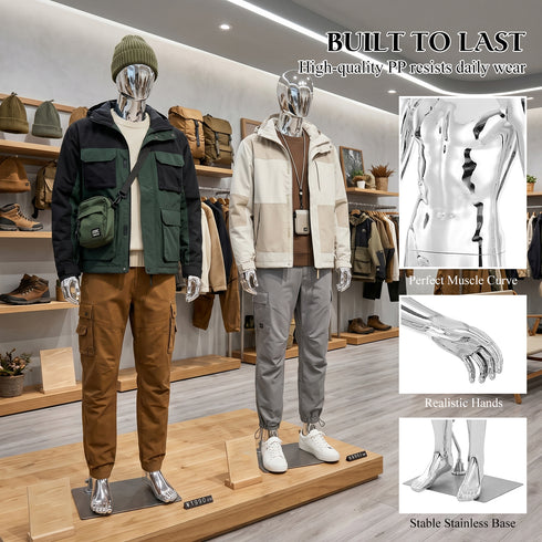 Full-Body Male Mannequin Matte Golden, 6 FT Plastic Man Manequins Stand with Metal Base, Adjustable Head, Flexible Limbs and Detachable Design, Perfect for Clothing Stores