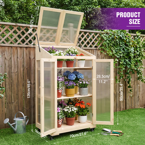 TTGIEET TTGIEET Wooden Cold Frame Greenhouse with Wheels 3‑Tier Flower Planter Shelf, Dual Independently Openable Flip‑Top Lid for Balcony Patio Indoor Outdoor