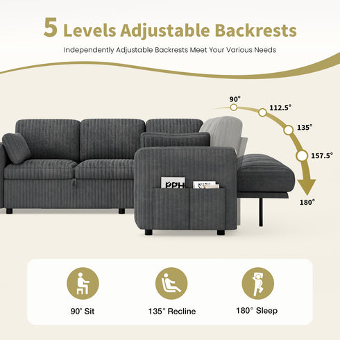 TTGIEET 5-Seater L-Shaped Reversible Sectional Sleeper Sofa, Pull-Out Sofa Bed with Storage & Cup Holders & Adjustable Backrest, Corduroy Couch for Living Room