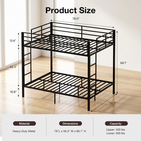 TTGIEET Full Metal Bunk Bed Frame w/ LED & USB Ports, Dual Guardrails, 2 Ladders, Heavy-Duty
