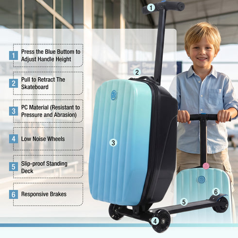 TTGIEET Kids Scooter Luggage, 20 Inch Foldable Ride-On Suitcase with LED Wheels, 40L Capacity, Adjustable Handlebar