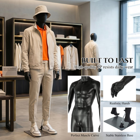 Full-Body Male Mannequin Matte Golden, 6 FT Plastic Man Manequins Stand with Metal Base, Adjustable Head, Flexible Limbs and Detachable Design, Perfect for Clothing Stores