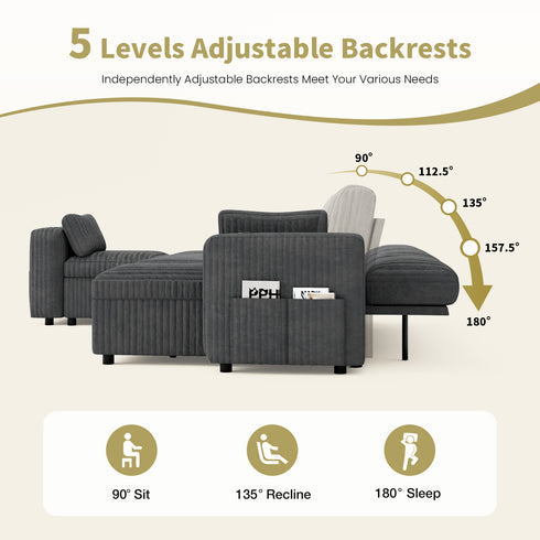 TTGIEET 7-Seater U-Shaped Sectional Sleeper Sofa, Reversible Pull-Out Sofa Bed with Storage & Cup Holders, Corduroy Couch for Living Room