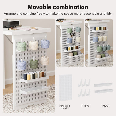 TTGIEET Foldable Sewing Table with Open Side Shelves, 3 Storage Trays& 6 Pegs, Wall-Mount Craft Station & Side Desk for Hobby & Home