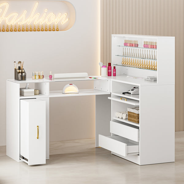 TTGIEET Manicure Table with LED Light, L-Shaped Glass Top Nail Tech Table w/2 Storage Shelves, Upwards Cabinet Door, Corner Nail Station w/3 Drawers & Wrist Cushion