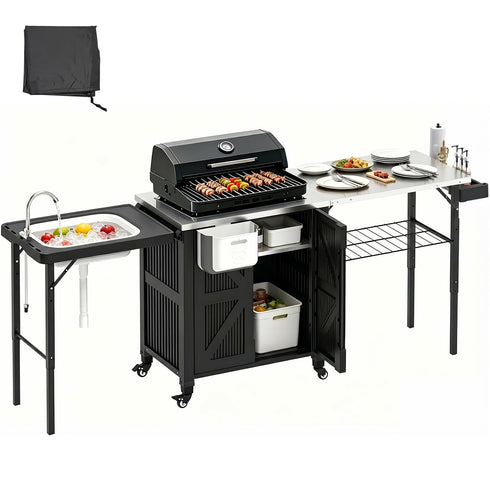 TTGIEET Outdoor Grill Cart with Storage Cabinet, Portable BBQ Prep Station Table with Foldable Sink, Stainless Steel Top, Black, Includes Waterproof Cover & Wheels