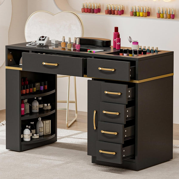 TTGIEET Nail Tech Table with Dust Collector, Glass Top Manicure Table Nail Desk Station w/7 Drawers & 3-Tiers Open Shelves, Nail Beauty Workstation w/Wrist Cushion & Golden Handles