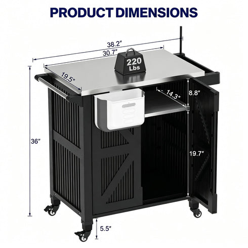 TTGIEET Outdoor Grill Cart with Storage Cabinet, Portable BBQ Prep Station Table Stainless Steel Top, Black with Spice Rack & Waterproof Cover