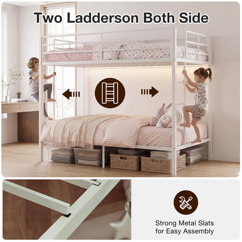 TTGIEET Full Metal Bunk Bed Frame w/ LED & USB Ports, Dual Guardrails, 2 Ladders, Heavy-Duty