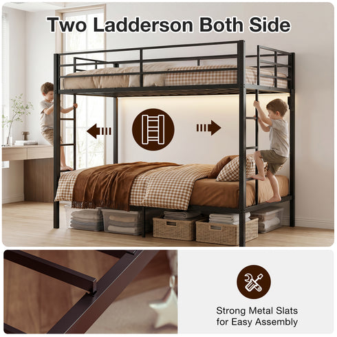 TTGIEET Full Metal Bunk Bed Frame w/ LED & USB Ports, Dual Guardrails, 2 Ladders, Heavy-Duty