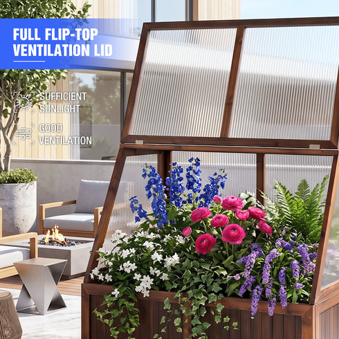 TTGIEET Wooden Cold Frame Greenhouse with Wheel, Chamber Fir Plant Cold Frame with Dual Independently Openable Flip‑Top Lids, Polycarbonate Panels Portable Plant Shelter for Balcony Patio Yard Indoor Outdoor