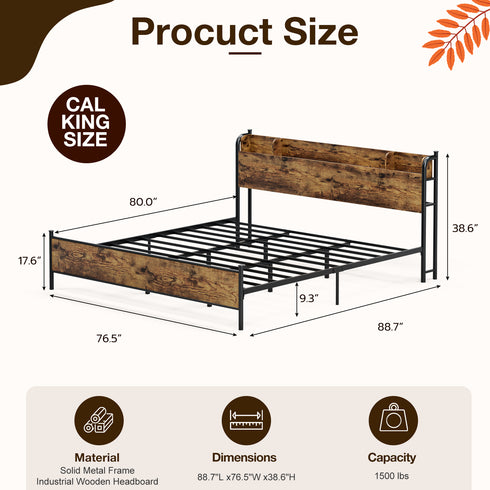 TTGIEET King Size Bed Frame with Storage Headboard, Charging Station & LED Lights – Sturdy Metal Platform, No Box Spring Needed, Easy Assembly, Rustic Brown