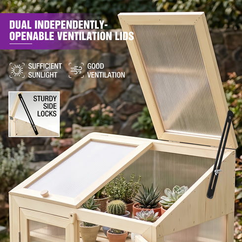 TTGIEET TTGIEET Wooden Cold Frame Greenhouse with Wheels 3‑Tier Flower Planter Shelf, Dual Independently Openable Flip‑Top Lid for Balcony Patio Indoor Outdoor