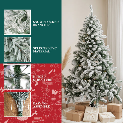 TTGIEET 6FT Pre-Lit Flocked Hinged Christmas Tree with 250 Warm Lights