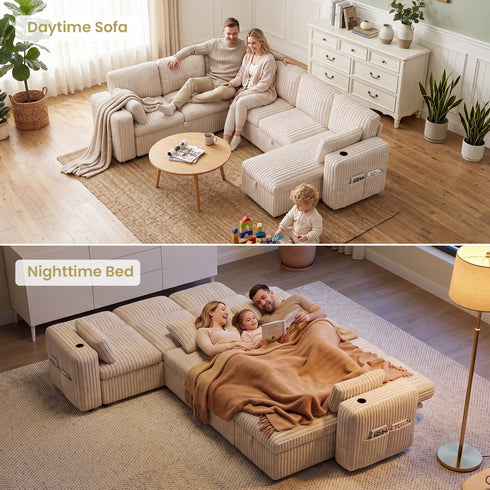 TTGIEET 7-Seater U-Shaped Sectional Sleeper Sofa, Reversible Pull-Out Sofa Bed with Storage & Cup Holders, Corduroy Couch for Living Room