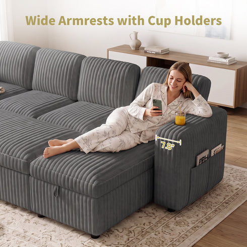 TTGIEET 7-Seater U-Shaped Sectional Sleeper Sofa, Reversible Pull-Out Sofa Bed with Storage & Cup Holders, Corduroy Couch for Living Room