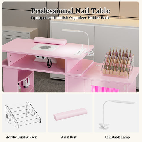 TTGIEET Manicure Table w/LED Light & Lamp, Nail Desk Nail Tech Table w/Dust Collector & Charging Station, Nail Station w/Acrylic Display Rack, Drawers & Glass Door Cabinet