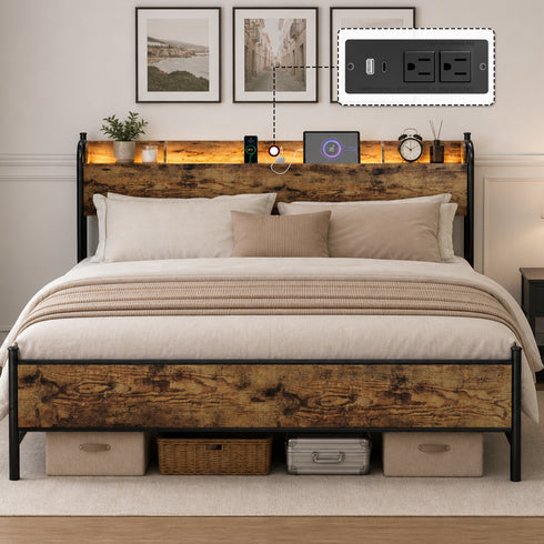 TTGIEET King Size Bed Frame with Storage Headboard, Charging Station & LED Lights – Sturdy Metal Platform, No Box Spring Needed, Easy Assembly, Rustic Brown
