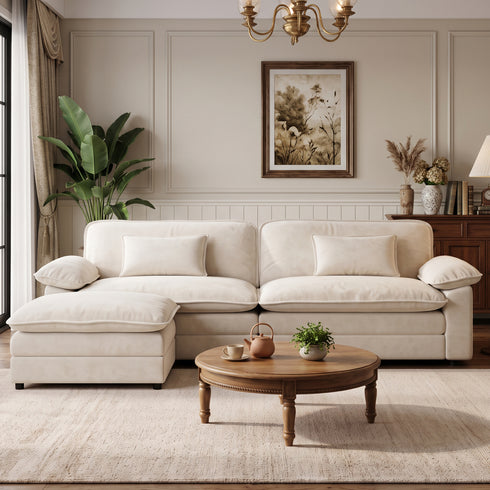TTGIEET Chenille Cloud Couch L-Shaped, 2-Seat Sofa with Movable Ottoman, Oversized Loveseat Couch for Living Room