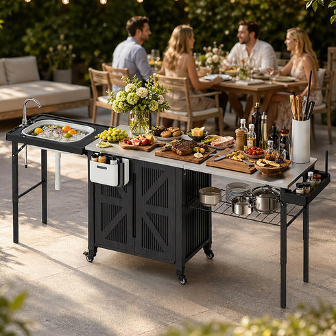 TTGIEET Outdoor Grill Cart with Storage Cabinet, Portable BBQ Prep Station Table with Foldable Sink, Stainless Steel Top, Black, Includes Waterproof Cover & Wheels