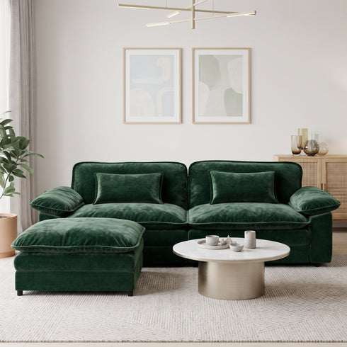TTGIEET Chenille Cloud Couch L-Shaped, 2-Seat Sofa with Movable Ottoman, Oversized Loveseat Couch for Living Room