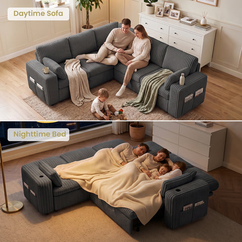 TTGIEET 5-Seater L-Shaped Reversible Sectional Sleeper Sofa, Pull-Out Sofa Bed with Storage & Cup Holders & Adjustable Backrest, Corduroy Couch for Living Room
