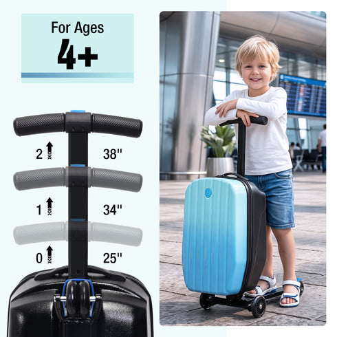 TTGIEET Kids Scooter Luggage, 20 Inch Foldable Ride-On Suitcase with LED Wheels, 40L Capacity, Adjustable Handlebar