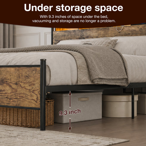 TTGIEET King Size Bed Frame with Storage Headboard, Charging Station & LED Lights – Sturdy Metal Platform, No Box Spring Needed, Easy Assembly, Rustic Brown