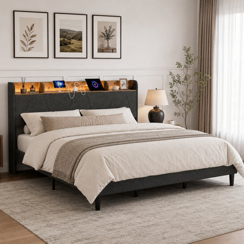TTGIEET LED King Size Bed Frame with Charging Station & Storage Headboard – Upholstered Metal Platform, Solid Wood Slats, Noise Free, No Box Spring Needed, Easy Assembly, Black