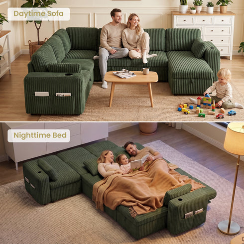 TTGIEET 7-Seater U-Shaped Sectional Sleeper Sofa, Reversible Pull-Out Sofa Bed with Storage & Cup Holders, Corduroy Couch for Living Room