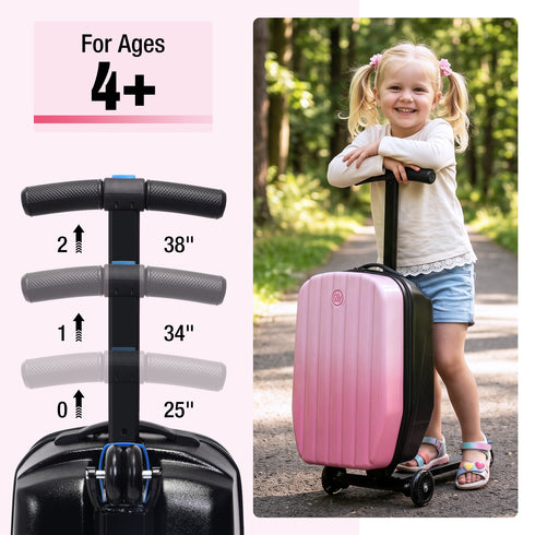 TTGIEET Kids Scooter Luggage, 20 Inch Foldable Ride-On Suitcase with LED Wheels, 40L Capacity, Adjustable Handlebar