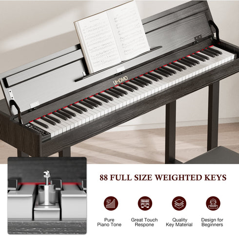 UMOMO 88 Weighted Key Digital Piano with Metal Stand, Beginner Keyboard Piano with Piano Bench, Full Size Heavy Hammer Weighted Action Electric Piano Keyboard with USB MIDI