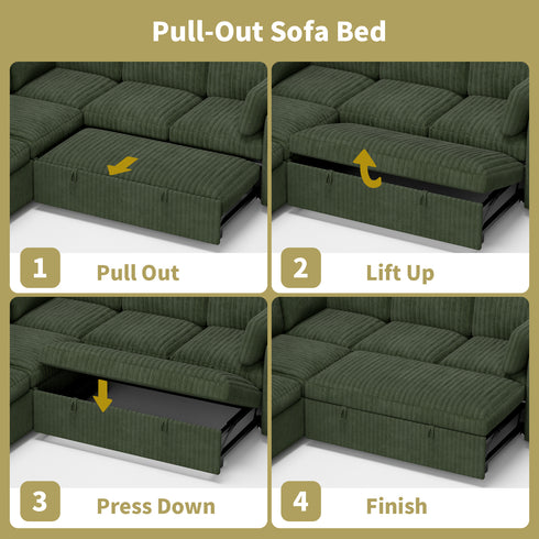 TTGIEET 5-Seater L-Shaped Reversible Sectional Sleeper Sofa, Pull-Out Sofa Bed with Storage & Cup Holders & Adjustable Backrest, Corduroy Couch for Living Room